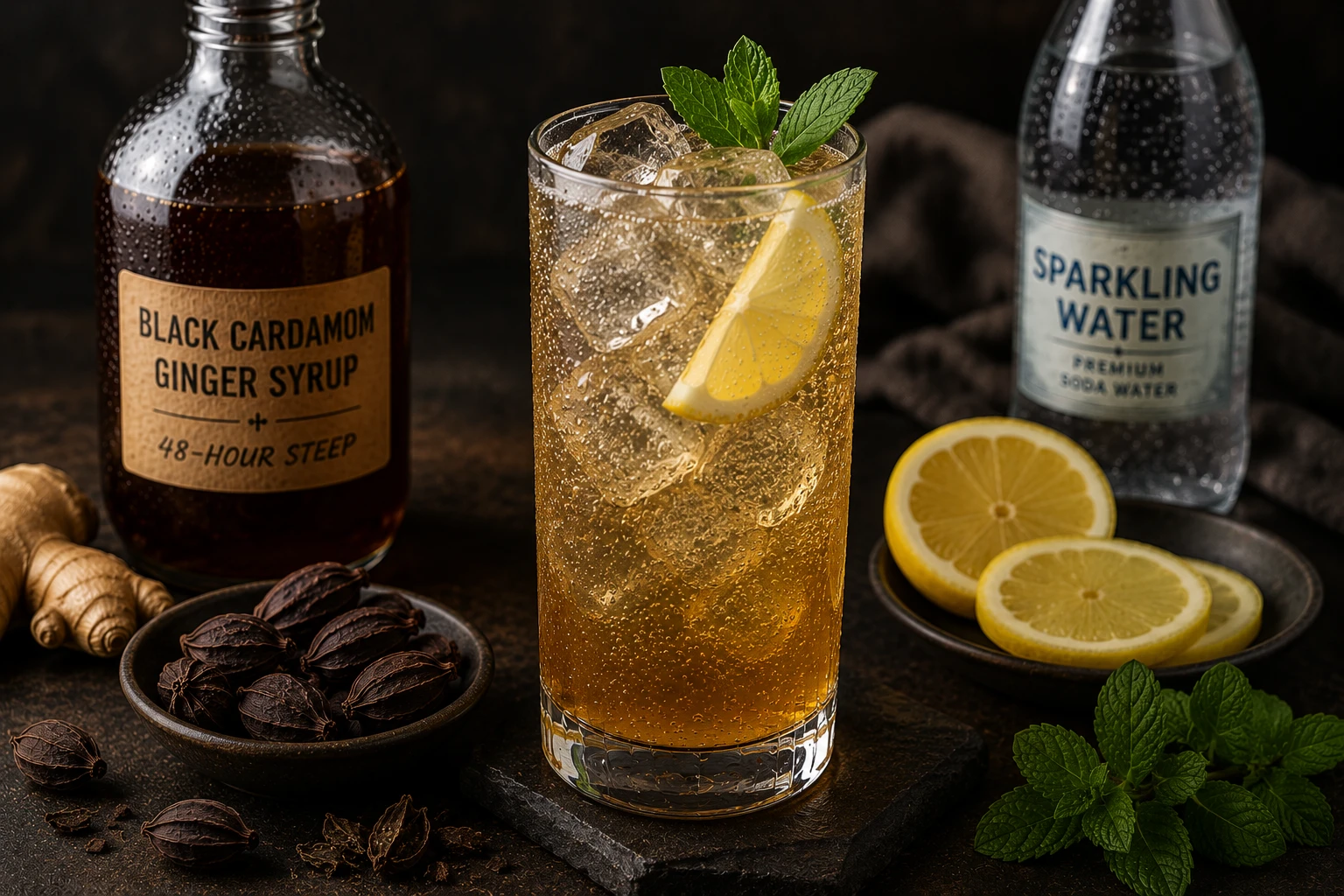 Black cardamom ginger mocktail with lemon and sparkling water in tall glass with ice